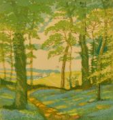John Hall Thorpe (1874-1947) Australian, A sunlit path through trees out to a field and a house