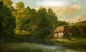 James Hayllar (1829-1920) British, a female figure hanging clothes by a stone cottage with ducks