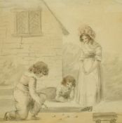19th Century School, A scene of children playing marbles, pencil and wash, 8