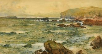 Joseph Hughes Clayton (1870-1930) British, a rocky coastline with sailboats beyond, watercolour,