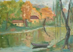 20th Century Continental School, rowing boat on a tree lined lake, oil on panel, 10
