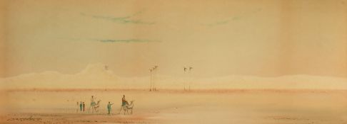 A. O. Lamplough, Figures travelling in a desert with palm trees beyond, watercolour, signed and