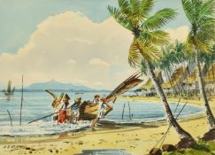 A. B. Ibrahim (1925-1977) Malaysian, figures pulling a fishing boat ashore, watercolour, signed,