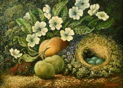 Oliver Clare (1853-1927) British, a still life of fruit, flowers and eggs in a nest, oil on board,