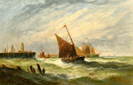 Edwina Lara (late 19th Century) British, Newcastle fishing boats leaving port, oil on canvas,