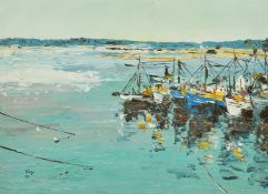 Vigilio Raposo (b. 1955) Portugal, fishing boats moored in a harbour, oil on canvas, signed and