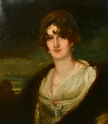 After Romney, (19th Century) Portrait of a lady wearing pearls, a white dress with a dark wrap