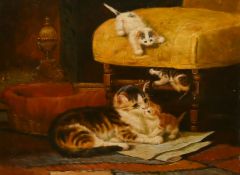 C. Pressit (20th Century) Cat and kittens in an interior by a basket and chair, oil on panel,