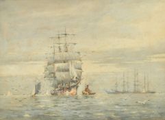 Fred Kelsey (act. 1887-1923) British, Tall ships with a tugboat and other sail boats out to sea,