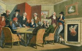 A hand coloured 18th Century engraving by Cook, A chess match at Parsloes, 4.5