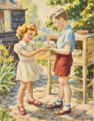 Hubert Williams (1905-1989) British, a watercolour study of children holding a pet rabbit, signed