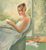 Mally (20th Century) a scene of an elegant lady reading as her dog devours her post, oil on board,