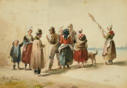 Gustave de Galard (1779-1841) French, figures conversing in a street, watercolour, signed, 4