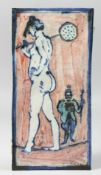 Eric James Mellon (1925-2014) British, nude female figure on a tightrope, painted stoneware, signed,