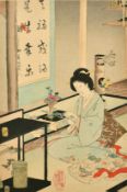 Toyohara Chikanobu (1838-1912) Japan, lady cutting flowers in a temple, woodcut in colours, 14