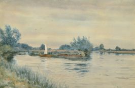 Robert W. Fraser (1848-1906) British, 'At Moulsey', a sailboat on a river, watercolour, signed and