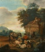 Circle of George Morland, A young shepherd resting his flock of sheep, goats and donkey near a