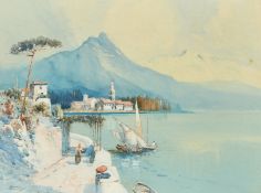 Godwin Bennett (1888-1960) British, Figures and a sailing boat on the edge of a Venetian lake with