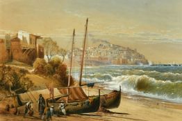 19th/20th Century School, figures unloading boats on a beach with a town beyond, said to be Haifa,