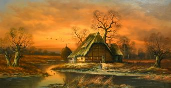 Horst Baumgart (b.1932) A homestead on the river in winter with the sun setting, oil on canvas,