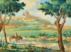 Edwin Galea (b. 1934) Maltese, a view of a walled town, watercolour, signed, 9.5