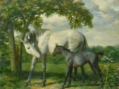 Lionel Ellis (1903-1988) British, a mare and her foal in a tree-lined field, oil on board, 13