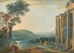 19th Century, A classical Italian landscape with figures by ruins and a figure with goats beside a