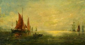 Adolphus Knell (fl. 1860-1890) A busy seascape with sailing boats and a tall ship in the distance,