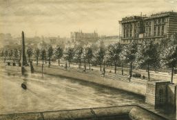 Gerald Judah Ososki (1903-1981) British, a view along the embankment, ink and watercolour, signed