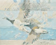 Dexter Brown (b. 1942) British, 'Barnacle Geese', mixed media on canvas laid down, signed and