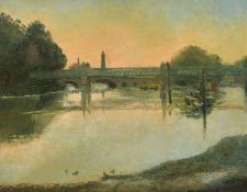 James Dring (1905-1985) British, a river landscape with bridges, oil on canvas, signed, 16