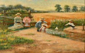 Marie Lefevre (19th Century) French, a mother and her children playing beside a river, oil on paper,