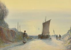 John White (1851-1933) British, figures on a beach unloading a catch, watercolour, signed and