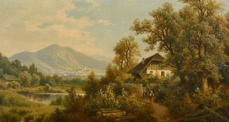 19th Century Austrian School, figures on a path with a view of the town of Laa an der Thaya in the