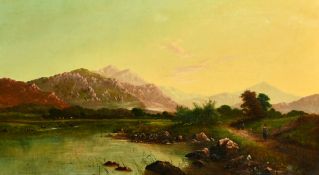 Attributed to Edwin Henry Boddington (1836-1905) British, Figures on a path by a river with