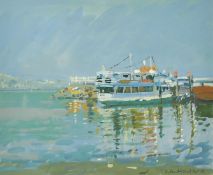 Ken Howard (b. 1932) British, 'The Dead Sea', a ferry boat moored at a quay, gouache on paper,
