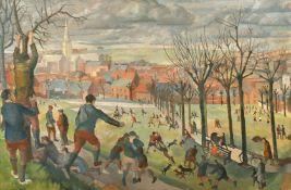 Geoffrey Underwood (1927-2000) British, a scene of children playing in a city park, oil on canvas,