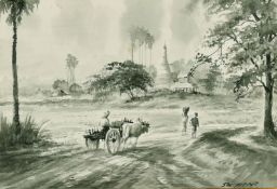Southeast Asian School, Figures and a bullock cart on a track with a temple beyond, monochrome