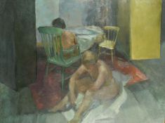 20/21st Century, A study of three female figures in an interior, oil on board, 36