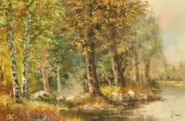 Heinrich Tirolf (20th Century), a tree lined river landscape, oil on canvas, signed, 24