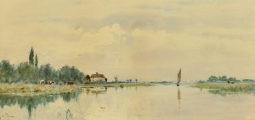 Robert. W. Fraser (1845-1906) British, 'Near Yarmouth', An extensive river scene with sailing boats,