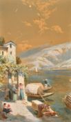 Charles Rowbotham, Figures on the edge of an Italian lake, watercolour, signed and dated, 18