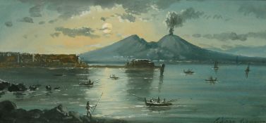 Neapolitan School, a scene of a smoking Vesuvius by moonlight, gouache, indistinctly signed, 3.75