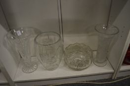 Cut glass ware to include three vases and a bowl.