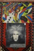 Two modern paintings depicting Andy Warhol and a circus, oil on board, unframed.