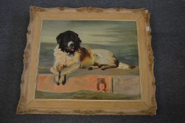 A study of a Newfoundland dog reclining by a coastal landscape, oil on canvas.