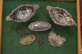 A pair of silver pedestal sauceboats and other items.