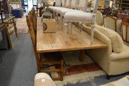 A good large pine six plank refectory style dining table (reputedly used for folding parachutes).