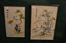 Two Chinese silk work pictures of exotic birds.