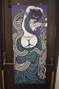 Colourful abstract unframed canvas depicting a semi-clad female figure.